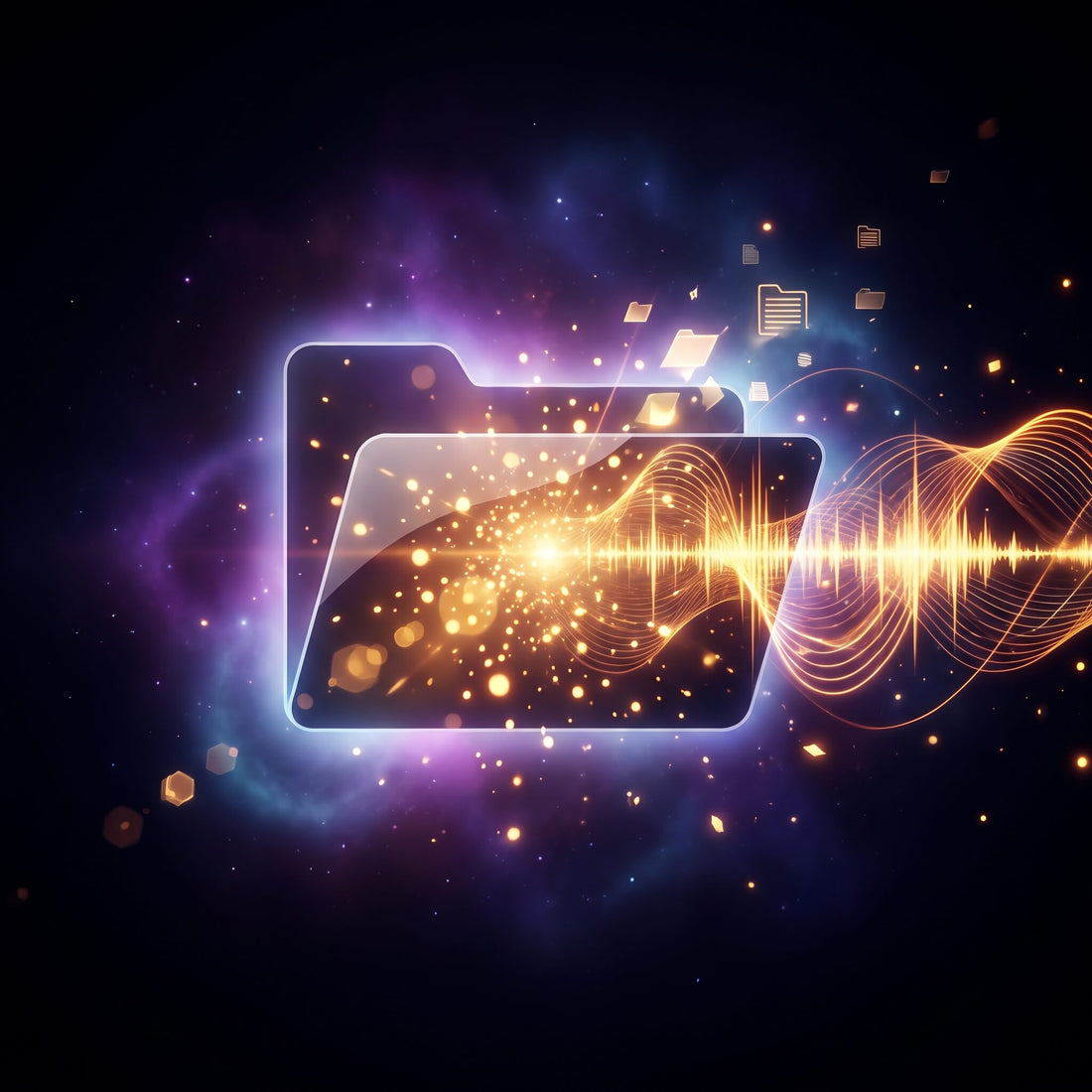 Glowing folder releasing golden musical waveform particles, representing a free R&B sample pack download