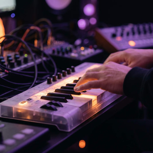 Hand pressing a glowing MIDI keyboard key, representing how to use MIDI chord packs